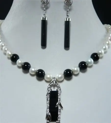 

> 07569 White Akoya Pearl +Black Agate Pendant Necklace Earring Set (A0423) -Top quality free shipping