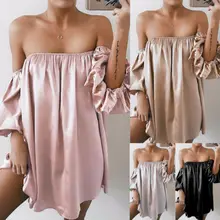 Летняя пикантная обувь однотонные розовые женские туфли, плоская подошва, женская одежда длинными расклешенными рукавами свободные Фонари плиссированной оборкой с открытыми плечами повседневные платья