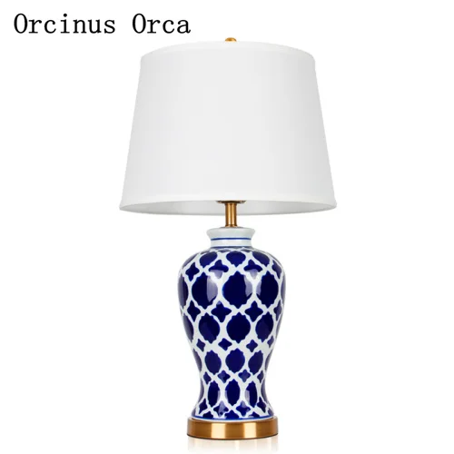 Американский стиль ретро синяя ручная роспись креативная настольная лампа для учебы прикроватная лампа китайская синяя и белая керамическая настольная лампа