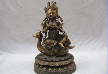 

song voge gem S0188 Tibet Folk Fane classical Old Bronze Kwan-Yin Buddha Statue Ride on Duck Statue