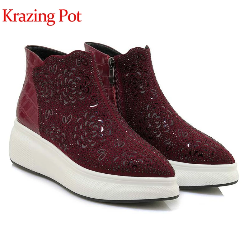 

Krazing pot cow leather ankle boots crystal-studded carve process pointed toe wedges platform British school Chelsea boots L6f2