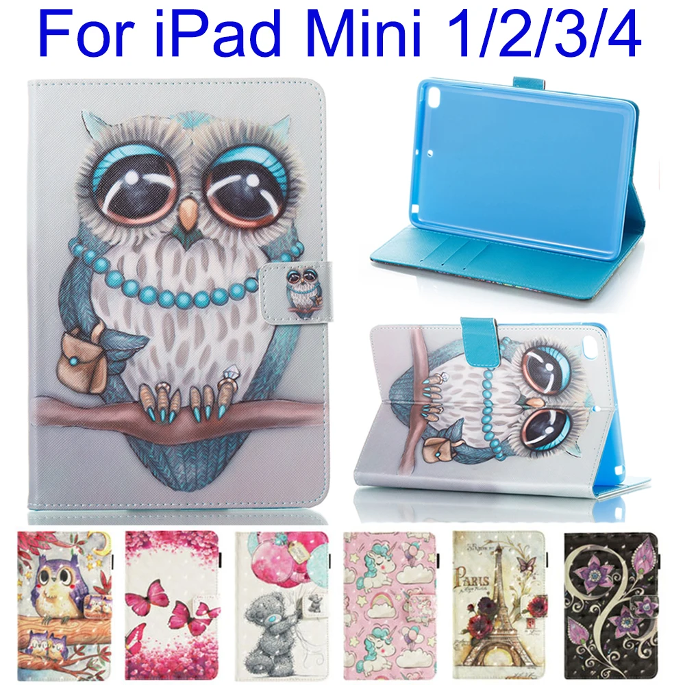 

Stand Wallet Card Slot Case For Apple iPad Mini 1/2/3/4 Cover Funda Tablet Fashion Owl Skull Pattern Shell Auto Wake Up/Sleep