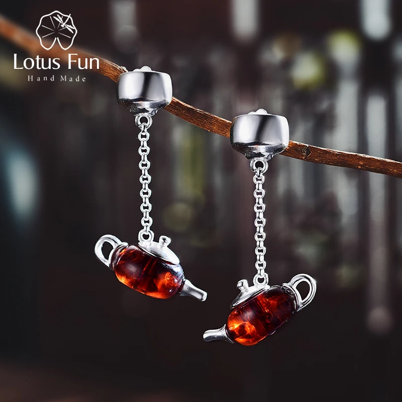 Lotus весело Настоящее стерлингового серебра 925 натурального янтаря ручной работы Красивые ювелирные изделия