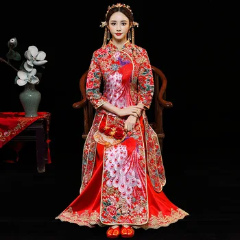 

New Fashion Noble Retro Chinese Women Bride cheongsam Dress Long Wedding Qipao Delicate Embroidery peacock cheongsam Size S-XXL