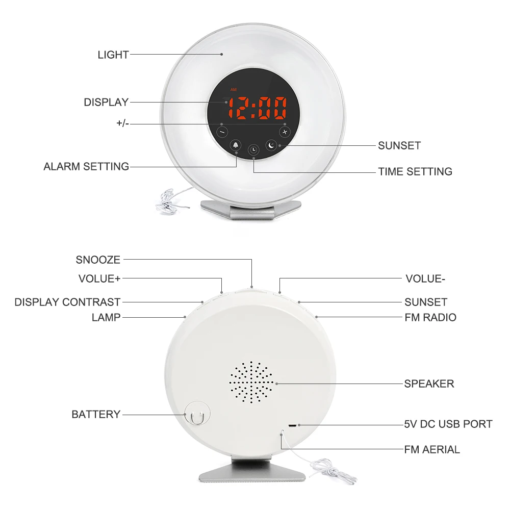Сенсорный контроль, пробуждение, 7 цветов, светодиодный светильник, имитация восхода солнца, будильник с 6 естественными звуками и fm-радио, Повтор и будильник на закате