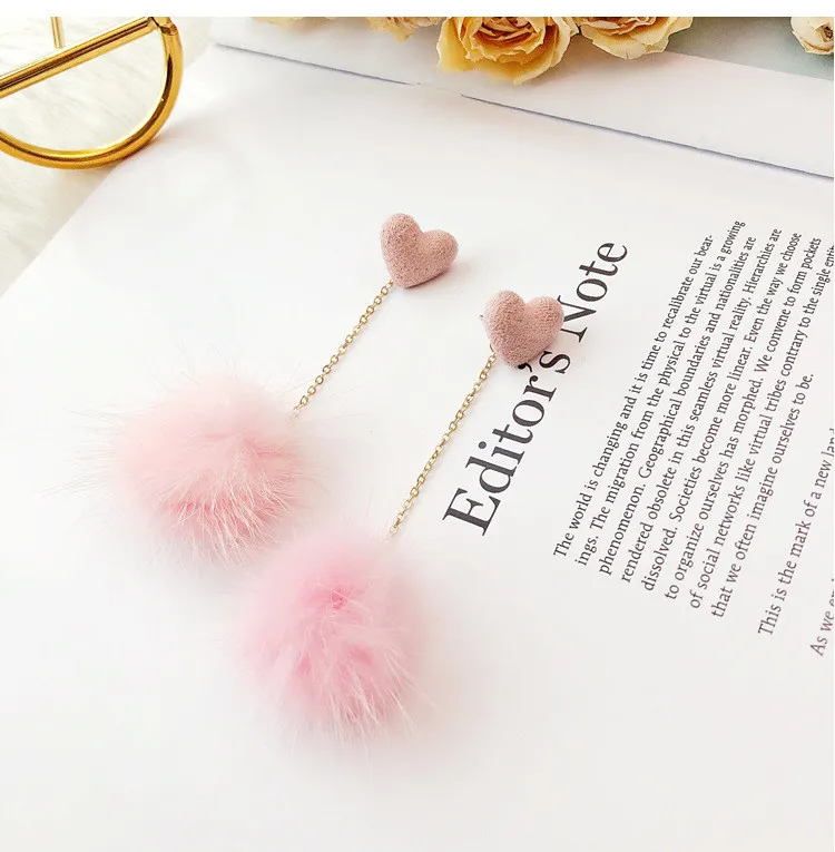 Korean Accessroies Soft Fur Ball heart PomPom Long Earrings09