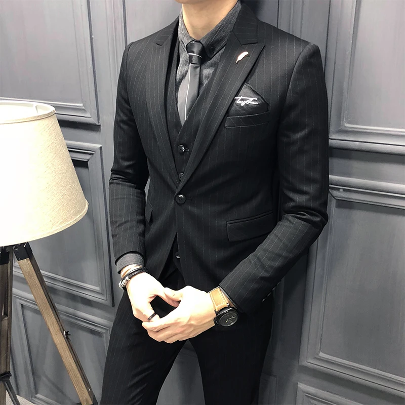 (Suit+Vest+Trousers) 2019 New British Suit Jacket Men's Slim Striped Suit Three-piece Suits