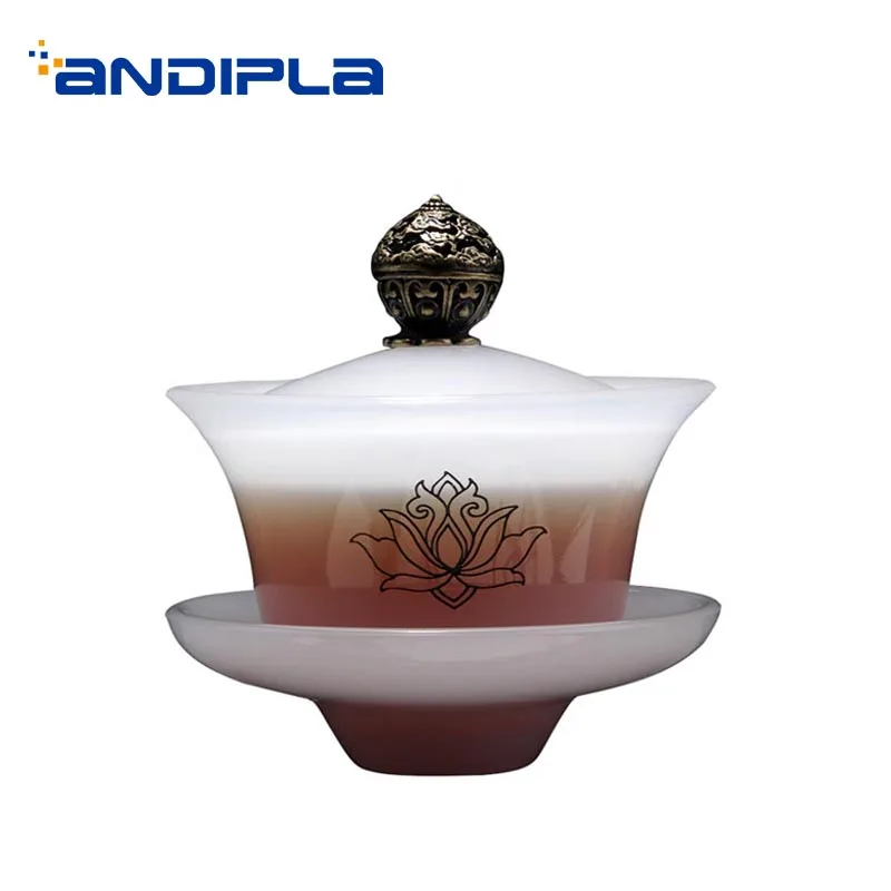 

160ml Suet Jade Porcelain Gaiwan Handmade Tea Tureen Chinese Kung Fu Tea Set Drinkware Master Tea Bowl with Lid Saucer Kit Decor
