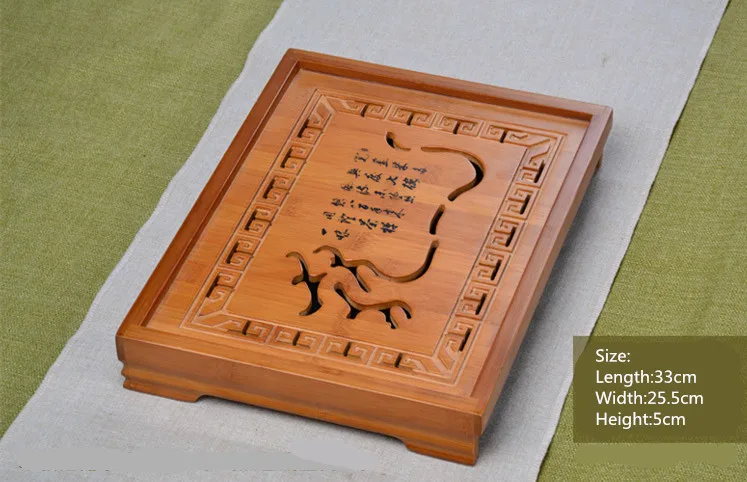  Hot Sale Flower Carving Kung Fu Tea Set Natural Wood Bamboo Tea Tray Rectangular Traditional Bamboo