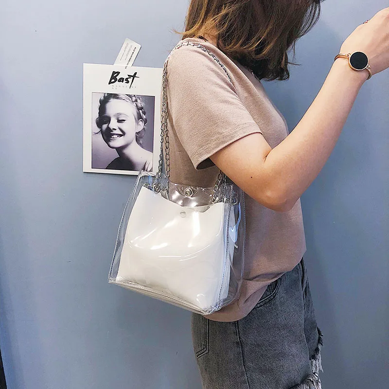 Women Small Bucket Bags Plastic Transparent Totes Composite Chain Bag Female Mini Jelly Handbags White