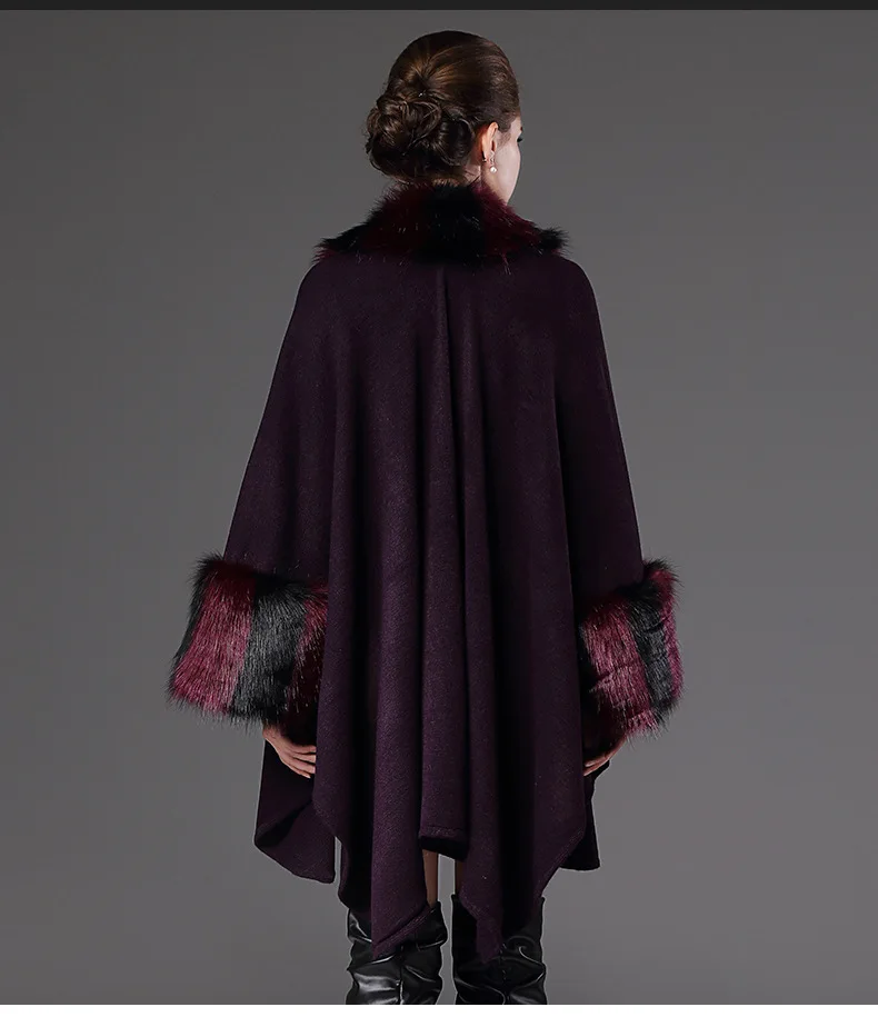 Новая мода осень зима искусственный мех пальто теплое женское черное свободное пончо повседневное Coak длинный вязаный кардиган искусственный мех воротник пальто