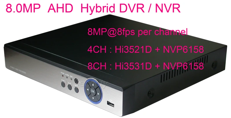 8.0MP 8MP 4K AHD 3840x2160 Гибридный DVR/NVR(8MP@ 8fps на канал) HVR/XVR/XVI