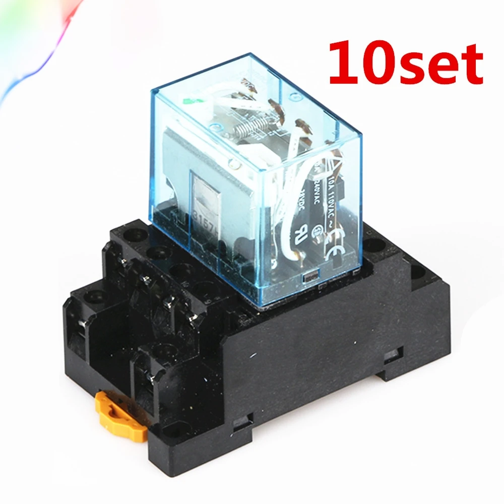 10set HH64P LY4 AC12V/AC24V/AC110V/AC220V Coil 14-Pin 4PDT Green LED Electromagnetic Relay |