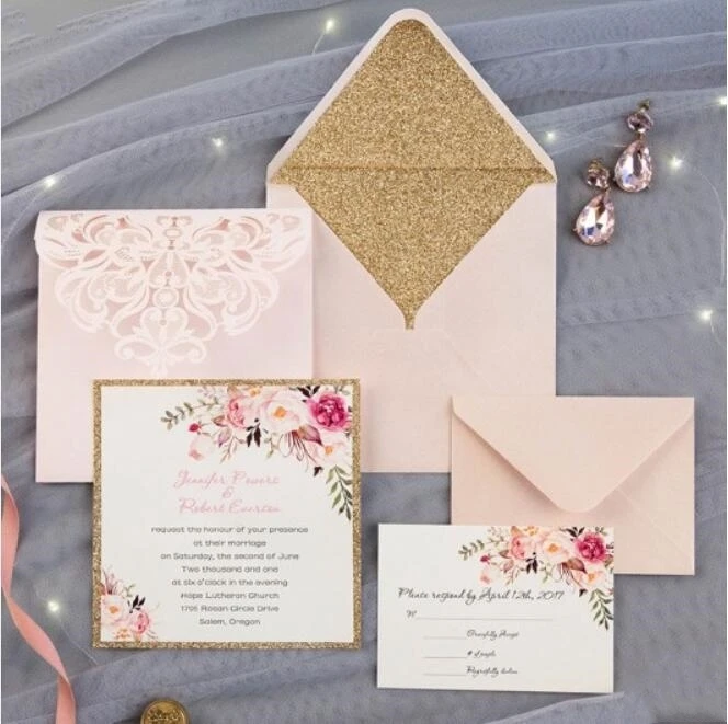 

Pink Laser Cut Lace Floral Wedding Party Invitations With RSVP, Engagement Marriage invitation Cards,100sets,Express shipping.