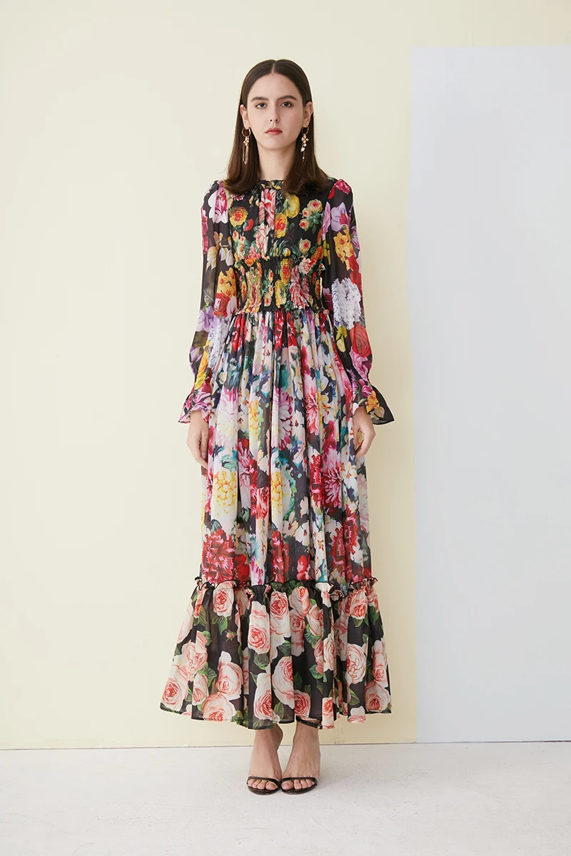 Весеннее длинное платье с принтом, высококачественное Европейское милое платье с длинным рукавом и круглым вырезом, женское Плиссированное цветочное Макси-платье