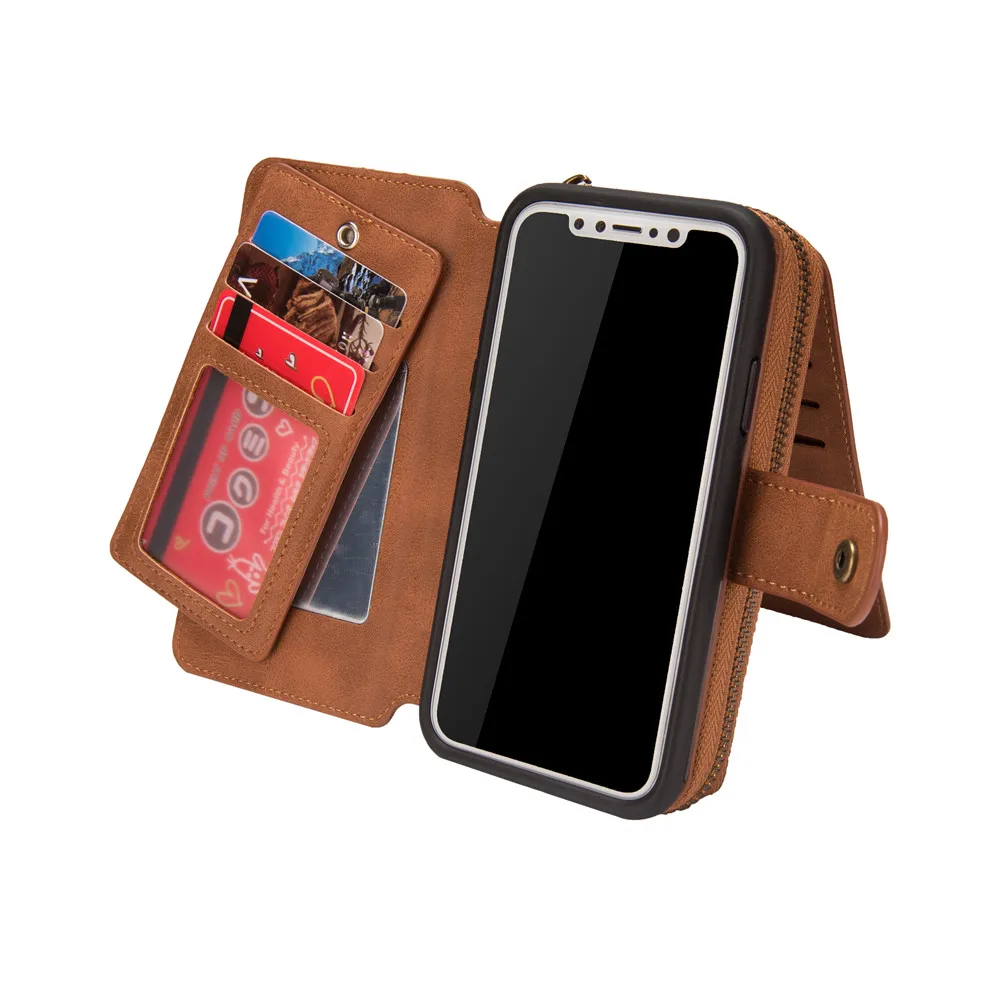 

Zipper Handbag PU Wallet Phone Case for iPhone Xs Xr X Shockproof Shell Kickstand Card Slot Purse Cover for iPhone 6 6S 7 8