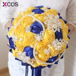 На заказ бисерный Кристалл Свадебный букет Королевский синий желтый невесты цветы искусственный сапфир жемчуг свадебные букеты