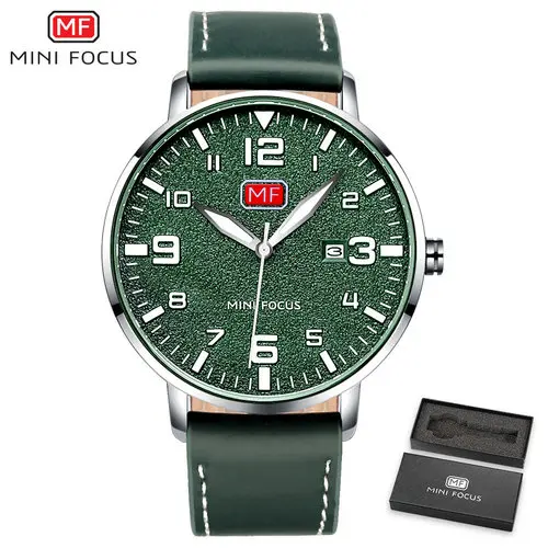 Мини фокус модные повседневные часы Мужские кварцевые часы из натуральной кожи ремешок зеленый циферблат часы «арабский номер» отображение даты relogio masculino - Цвет: GREEN