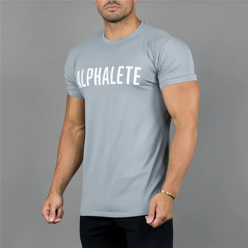 ALPHALETE тренажерные залы Летняя мода Мужская футболка Повседневная активная футболка с коротким рукавом мужская одежда тренд Повседневный облегающий Фитнес-топ - Цвет: 03 GRAY