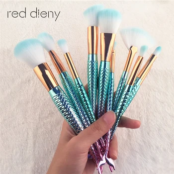 

10 PCS Mermaid Makeup Brushes Set Fantasy Eyebrow Eyeliner Blush Blending Contour Foundation Cosmetic Beauty Make Up Fish Brush