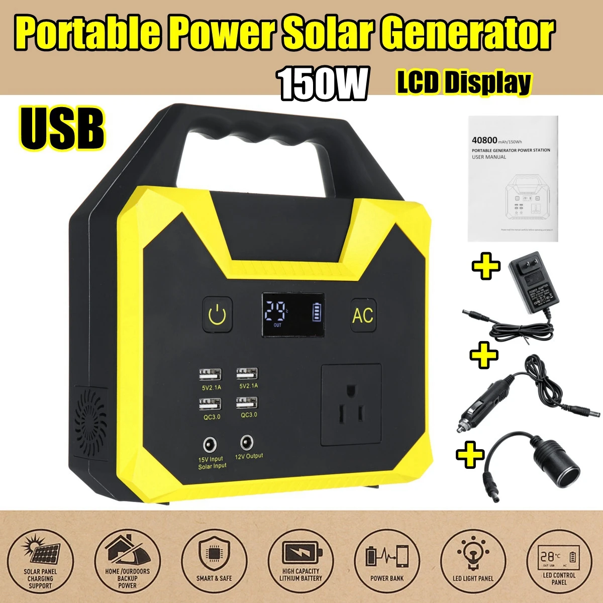 

UPS Portable Generator Power Supply 220V 40800mah 150WH 200W 15A Solar Energy Storage USB Charger Portable Power Solar Generator