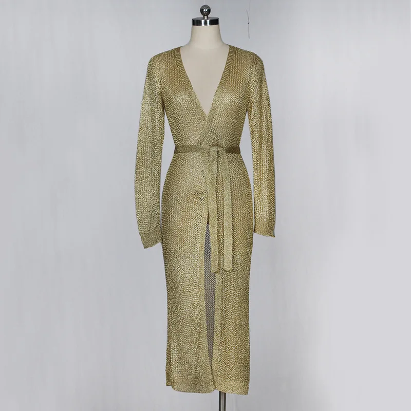 ANJAMANOR, золотой Сексуальный Кардиган, длинное пальто с поясом, Осень-зима, высокое качество, Женский вязаный свитер, верхняя одежда, D48-BC11