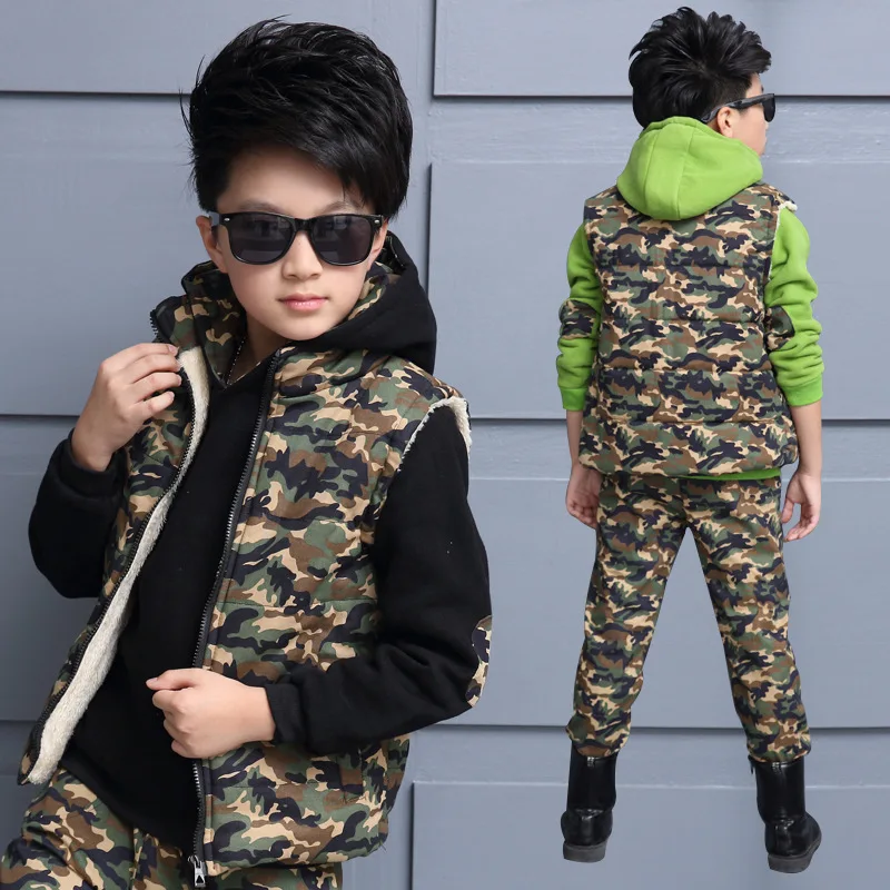 

2016 Winter kid boy camouflage hooded warm three piece set children plus cashmere sweater clothing suit