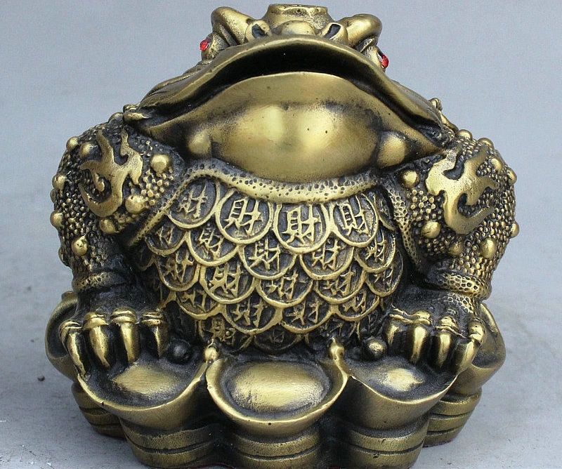 

4" Chinese Folk FengShui Brass Wealth Auspicious Beast Toad Coin YuanBao Statue