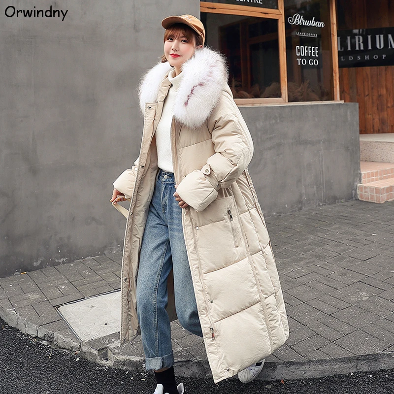 Orwindny зимнее пальто для женщин Новинка большой меховой воротник зимние парки Женская Толстая теплая одежда X-Long стеганая куртка верхняя одежда