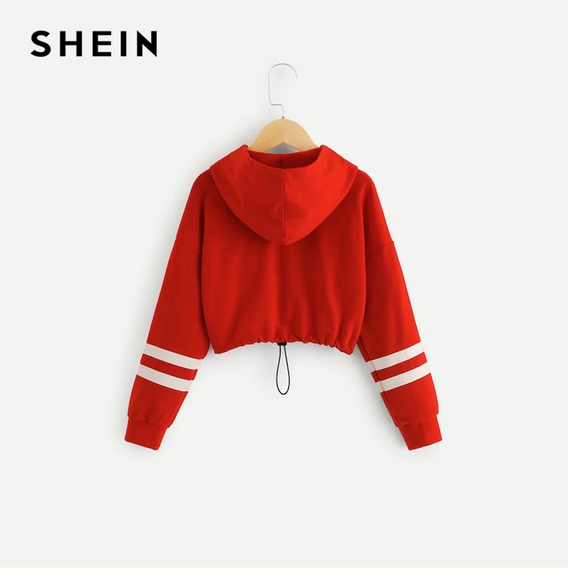  SHEIN Red Girls Letter Front Crop Casual Hoodies Girls Tops 2019 Spring Korean Fashion Long Sleeve 