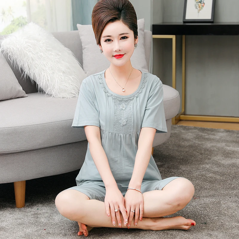 

Plus size 4XL pea green sleepwear pyjamas for middle-aged lady lace embroidered pajamas set for women home lounge sets