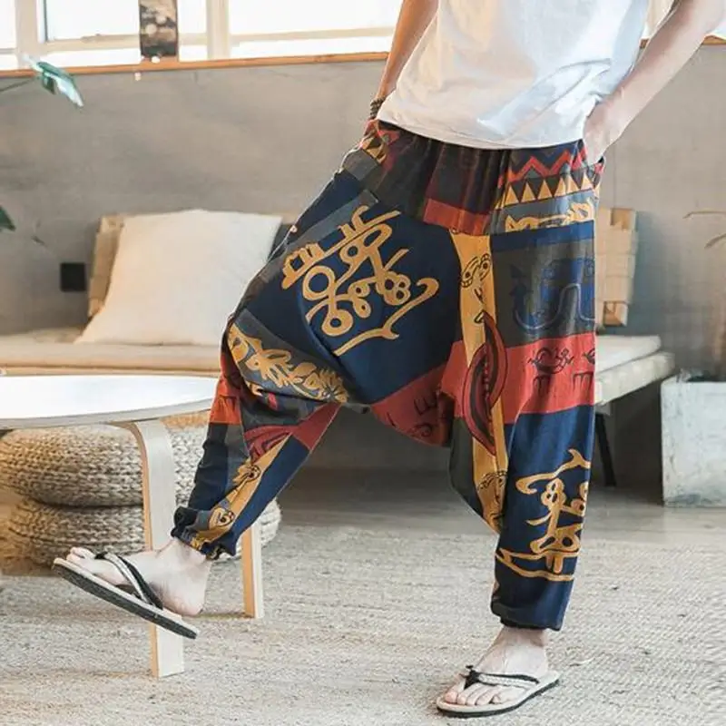 Новый Boho хип-хоп Аладдин хмонг мешковатые хлопковые льняные шаровары брюки Для мужчин Для женщин широкие брюки Повседневное брюки