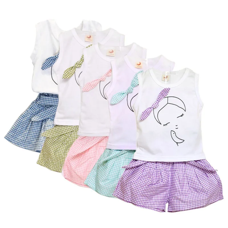 

Girls Clothing Suits New Fashion Summer Sleeveless Bowknot Vest+Plaid Short Pants 2Pcs Kids Sets Cotton Blend Baby Clothes P1