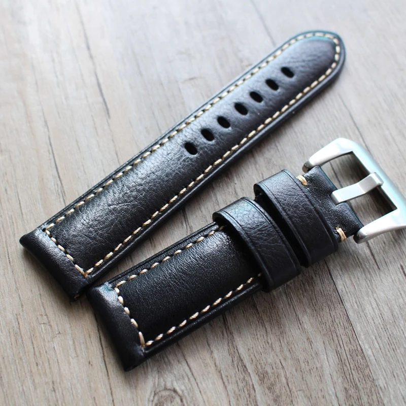 Высококачественный мягкий 24 мм Для мужчин ретро черный из натуральной кожи ручной работы наручные часы band ремень матовый черный и