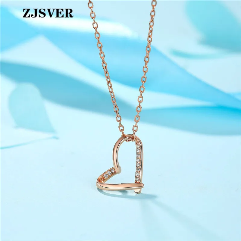 

ZJSVER Fine Jewelry 925 Sterling Silver Necklace Crystal Geometric Heart Shape Pendant Fashion Rose Golden/Silver Women Necklace
