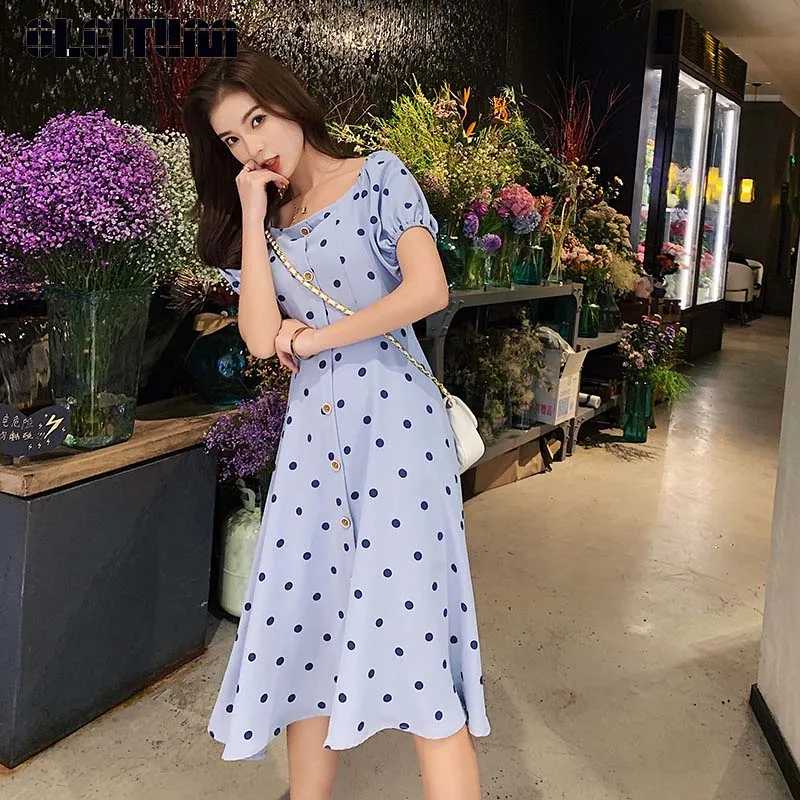

New 2019 Summer Korean Fashion Women Retro Word Collar Temperament Commuter Girl Waist Long Polka Dot Dress DR936