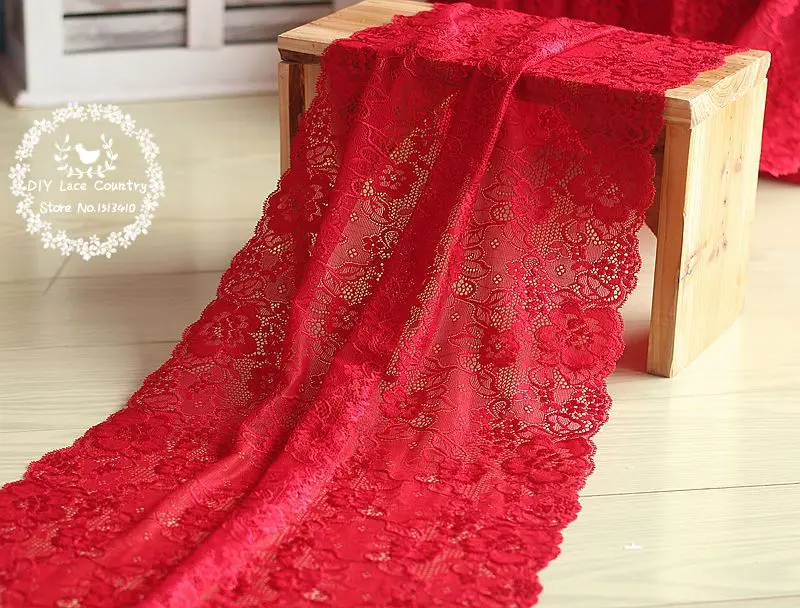 

Freeshipping 35cm wide 1yds red Hair Decoration Wide Elastic Stretch Lace Trim wedding dress skirt lace trim