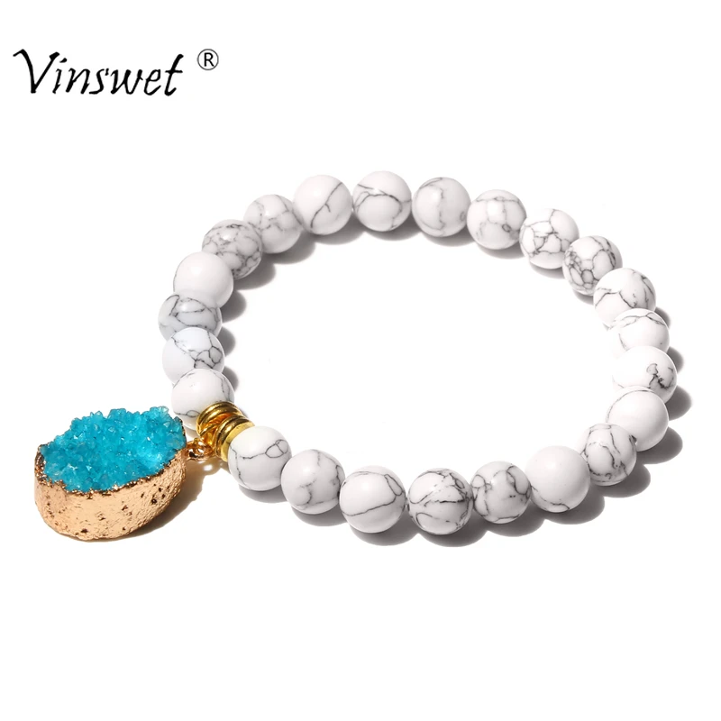 

Women Bracelets Beads Natural Stone Bracelet Charms Druzy Bracelets 8mm White Turquoises 2019 Fashion bijoux femme