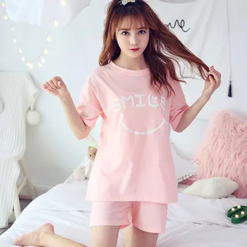 

Women's Cotton Pajamas Sets 2 Pieces Pyjama for Women Summer Sleepwear Set Short-sleeved Pants V-neck New Female Homewear Suit