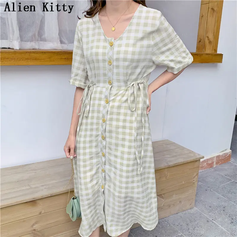 

Alien Kitty Korea Elegant Fresh 2019 Summer Loose Prairie Chic Drawstring V-Neck High Waist Casual Short-Sleeved Long Plus Dress