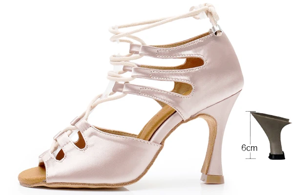 DILEECHI/Обувь для латинских танцев на шнуровке; женская Обувь для бальных танцев; широкая/узкая обувь для сальсы; обувь на Кубинском каблуке 9 см; обувь из кожи/бронзы и атласа - Цвет: skin heel 6cm