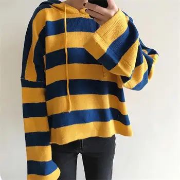

Lady Loose Striped Hooded Sweater Jumper Women's Sweaters Japan Harajuku Female Korean Kawaii Retro Pullover For Women