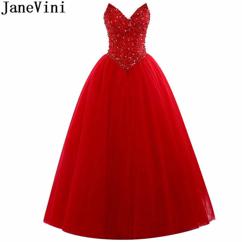 JaneVini красный бисером Длинные Выпускные платья расшитый блестками Кристалл Топ Тюлевая юбка подружек невесты платья для женщин для