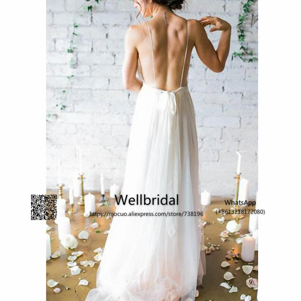 Backless Deep V-neck Sweep Train Beach Wedding Dresses With Straps