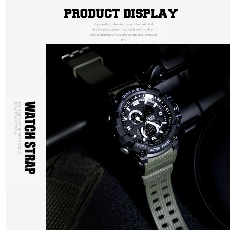  SMAEL Watches Men Analog Quartz Digital Watch Waterproof Sports Watches for Men Silicone LED Electr