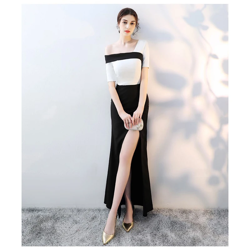 2019 summer new color matching slant shoulder sexy temperament was thin big dress long fishtail  bag hip split dress