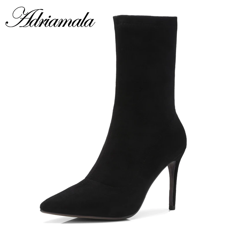 

2018 Ladies High Heel Boots Mid-calf Slip-on Cow Suede Autumn Fashion Pointed Toe Thin Heel Motorcycle Boots For Women Adriamala