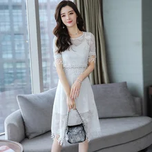 Корейское винтажное облегающее пляжное платье миди, Летнее белое сексуальное кружевное платье бохо, большой сарафан, элегантные женские вечерние платья с коротким рукавом