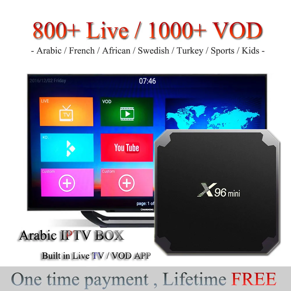 

Arabic IPTV Box Lifetime Free No Monthly Fee 800+ Live TV Arabic African French Swedish Channels Android 7.1 TV Box VOD Movies
