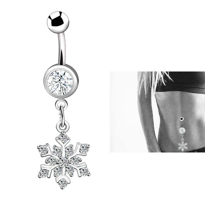 Fashion Sexy Dangle Belly Rings Snowflake Navel Piercing Belly Button Rings Ombligo Surgical Steel AAA Zircon Body Jewelry Women2